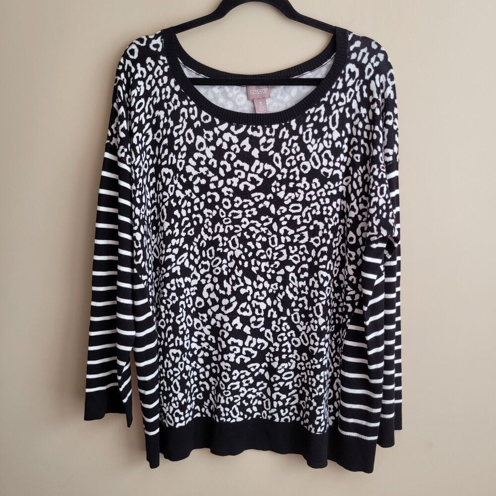 Chicos Womens Lightweight Sweater Size XL Graphic Black White Leopard Boat Neck